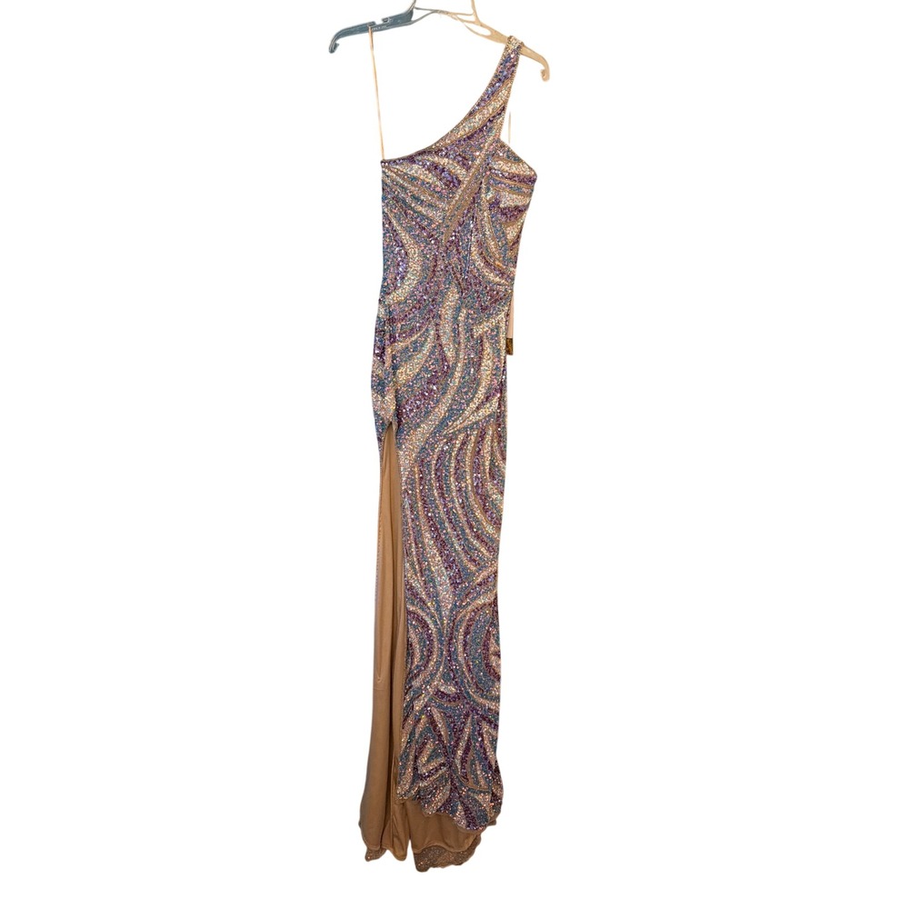 Portia & Scarlett Dress Ivory Blue PS24811 One Shoulder Sequin Beaded Gown 0